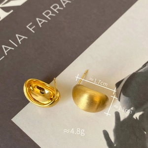 Detail showing brushed gold bean earrings with size markings of 1.7cm width and 1.1cm height