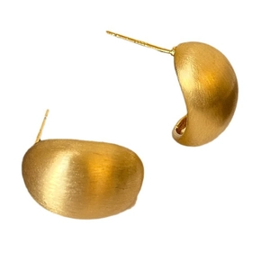 Minimalist brushed gold bean-shaped stud earrings with matte texture on white background