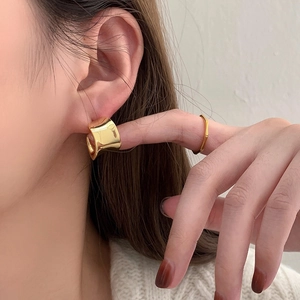 C-Shape Hoop Earrings Copper Real Gold Plated Irregular Wide Surface Glossy Minimalist Fashion Jewelry For Women