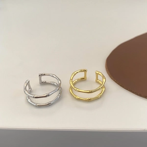 Minimalist double-layered bamboo style open rings in gold and silver finish set