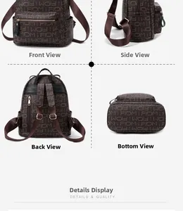 Detailed four-angle view of deep brown logo-printed backpack with textured PVC material