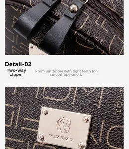 Close-up of two-way silver metal zippers and square brand logo on brown leather backpack
