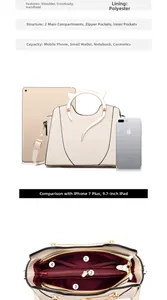 Beige cat ear tote bag interior structure and size comparison with iPad and phone