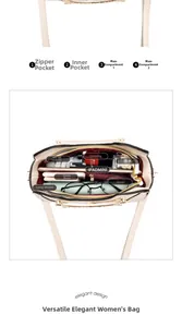 Detail view showing multi-pocket interior of beige leather handbag for daily storage