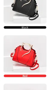 Detail of red and black tote bags featuring gold cat-ear handles and smooth PU leather