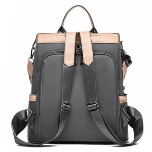 Fashionable dark grey oxford backpack for women with anti-theft pocket and plush charm