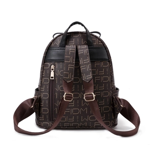 Fashion brown backpack with FIDM letter print and anti-theft back pocket for women
