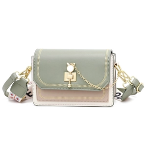 Women Crossbody Bag PU Leather Small Square Color Block Metal Cat Lock Chain Decor Shoulder Bag Sweet Style