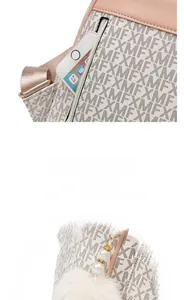 Detail of printed PU leather backpack with fur ball pendant and side phone pocket