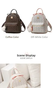 Detail view of monogram backpacks in coffee and off-white with plush ball charms