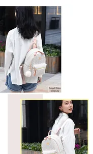 Detailed view of small white printed backpack with pink accents on a female model
