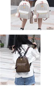 Size comparison and outdoor view of monogram backpacks in beige and brown leather
