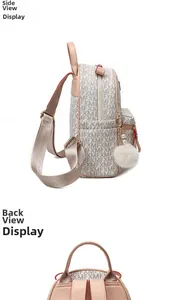 Side and back view of beige monogram backpack with pink straps and plush charm