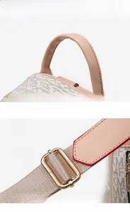 Detail view of beige monogram faux leather backpack with adjustable straps and golden buckles