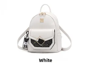 Detail of white lychee grain backpack with sequin pocket and cute bear pendant charm