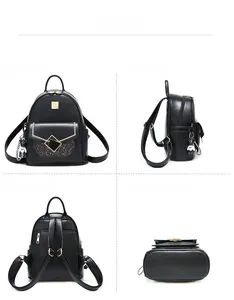Mini black PU leather backpack detail view with glitter panel and golden hardware accents