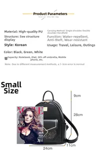 Waterproof PU leather backpack for women with dimensions and size comparison details