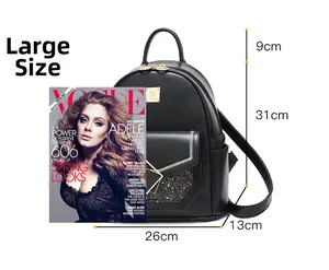 Detailed dimensions of a black large PU leather backpack with size guide and measurements
