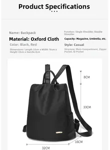 Spécifications du sac à dos noir en tissu Oxford avec dimensions 32x16x33cm