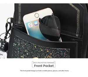 Detail of front pocket with glitter flap and teddy bear charm on black leather backpack