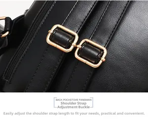 Detail of high-quality black leather backpack with polished gold metal buckle and stitching