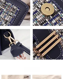 Dettagli borsa in pelle blu scuro e tweed con fibbia dorata e tracolla ricamata