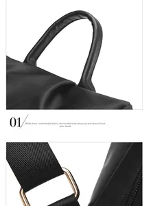 Vue détaillée du sac à dos oxford noir montrant la poignée en cuir et le tissu haute densité