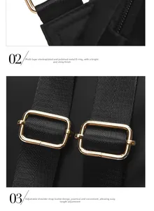 Détail de l'anneau en D doré et de la boucle de sangle réglable sur le sac à dos noir