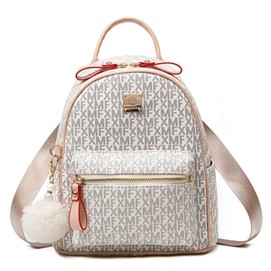 Fashion Women Backpack PU Leather Letter Print Monogram With Bow Decor And Fur Ball Pendant Casual Travel Daypack For Ladies