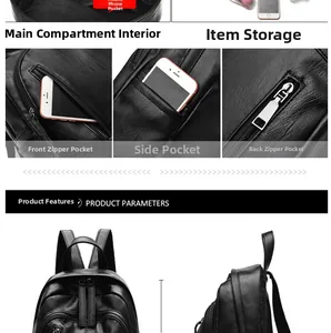 Detailed view of black litchi grain leather backpack with multiple functional storage pockets