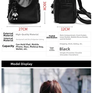 Detailed size chart and multi-pocket layout of the black soft leather backpack for women