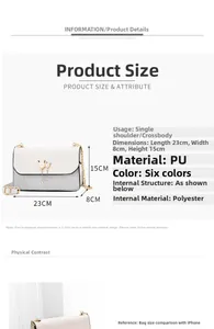 Detailed size chart for a PU chain bag showing 23x8x15cm dimensions and pearl buckle