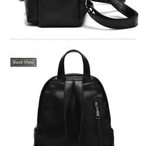 Detailed back view of black pebbled leather backpack with anti-theft zipper pocket