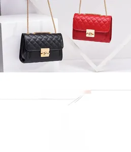 Close-up of quilted PU leather texture and gold metal twist lock on chain crossbody bag