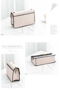 Detailed views of a beige crossbody bag featuring black trim and gold hardware accents