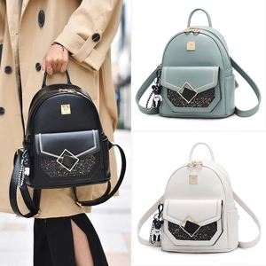 Chic women's leather backpack with glitter flap and cute bear charm in three colors