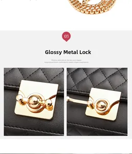 Detail of the golden metal clasp on a black quilted crossbody bag with luxury texture