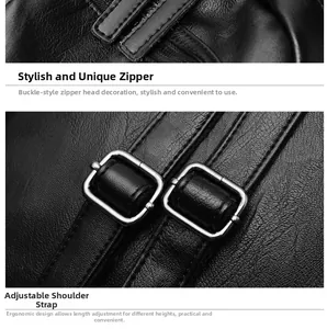 Detail of black lychee leather backpack with metal buckle and adjustable shoulder strap