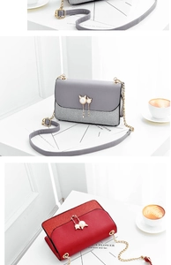 Detail of elegant small crossbody bag featuring cat shape pearl buckle and metal chain strap