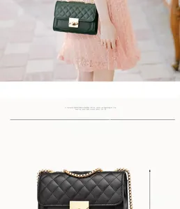 Detail of quilted leather chain bag showing 14cm height and elegant metal lock clasp