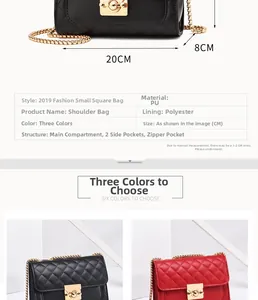 Detail view of quilted chain crossbody bag with dimensions and gold twist lock closure