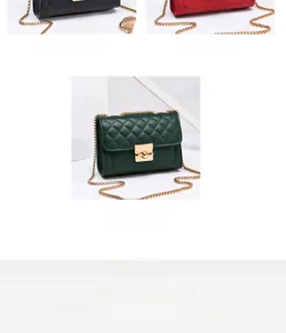 Detailed view of quilted crossbody bags in black, red, and green with gold chain straps
