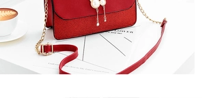 Detail of red crossbody bag featuring pearl buckle with tassel and gold chain strap