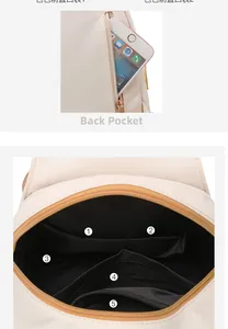 Detail of oxford cloth backpack showing secure back pocket and five interior compartments