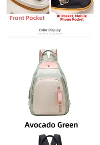 Detailed view of avocado green oxford fabric backpack with functional front zipper pockets