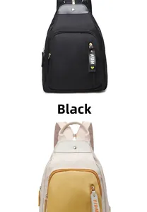 Detail of nylon backpacks in black and yellow-white colors with FIDM ribbon straps