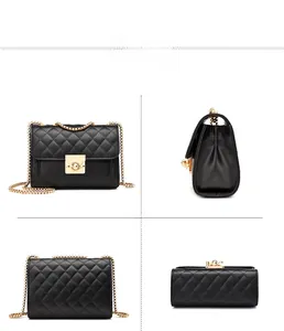 Four angles of black quilted crossbody bag with golden chain strap and square lock