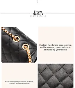 Detail of black quilted PU leather texture and gold chain strap hardware for shoulder bag