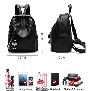 Black leather backpack with bear charm showing dimensions and large capacity features