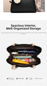 Detail view of large capacity black handbag interior holding iPad mini and essentials
